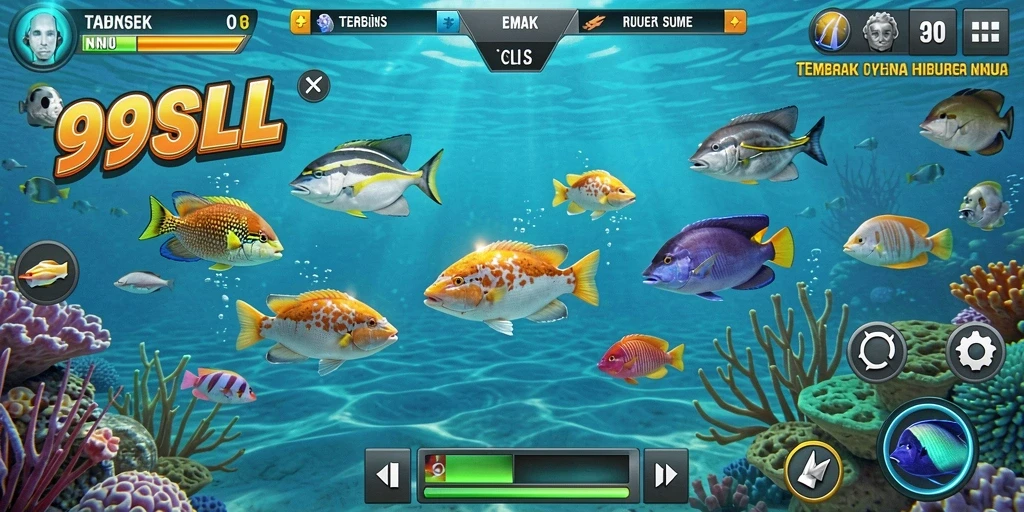 Tampilan permainan <strong>99SLL</strong> dengan ikan berwarna-warni yang memikat.