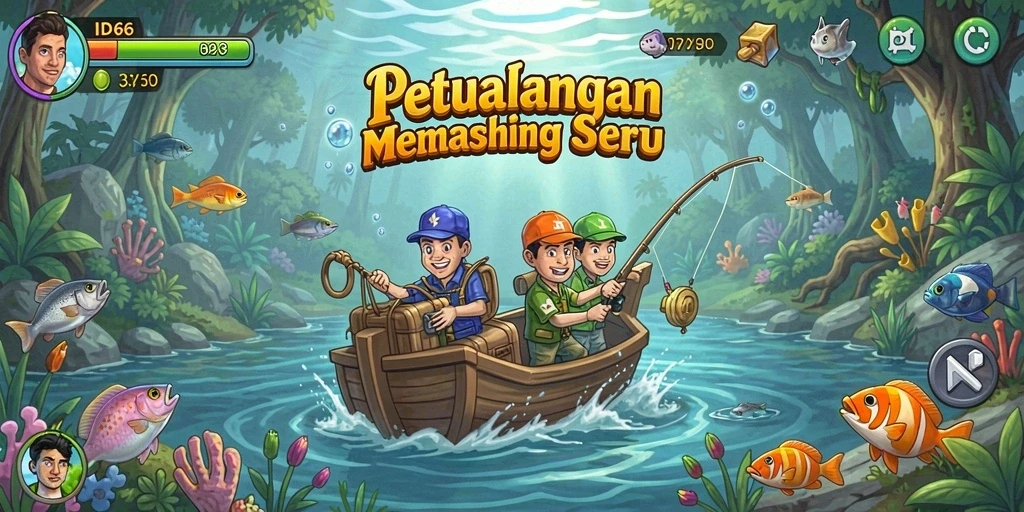 Tampilan gameplay memancing seru di ID66 dengan berbagai ikan yang menunggu untuk ditangkap.