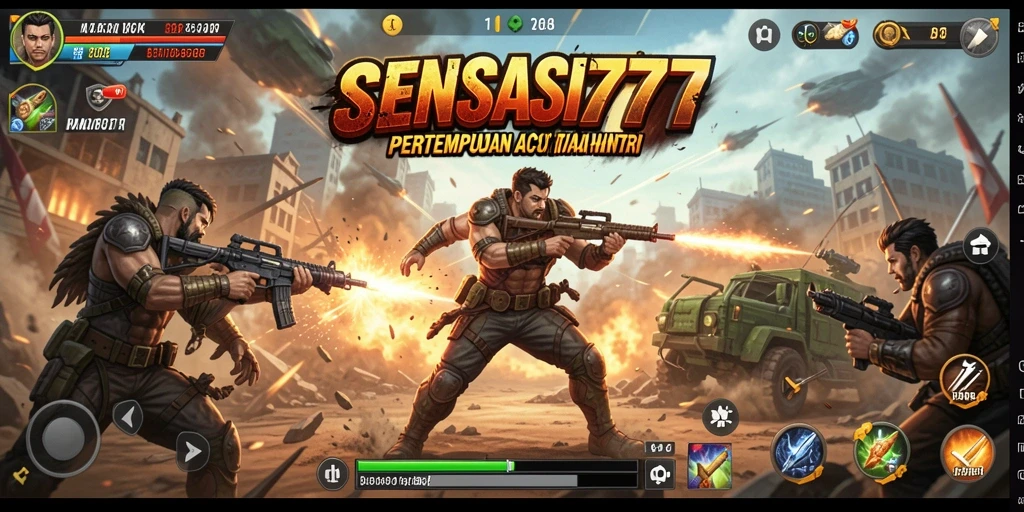 Screenshot utama SENSASI777 menampilkan aksi pertempuran yang intens.